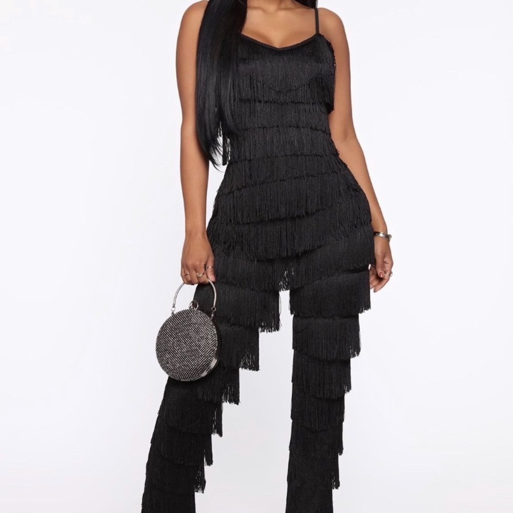 Black fringe pant set